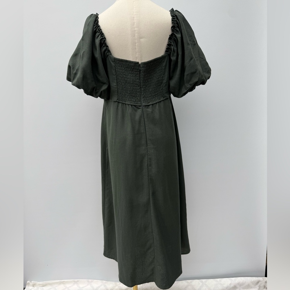 Mi Ami For Francesca’s Elegant Olive Green Puff Sleeve Midi Dress – Square Neck - Picture 2 of 15